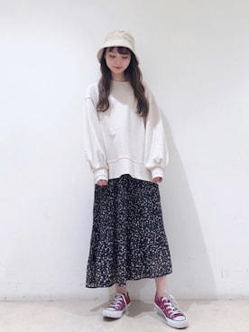 「earth music&ecology（アースミュージックアンドエコロジー）のシアー消しプリーツスカート ＊（スカート）」を使った、なかのんさん（レディース・150cm）の秋コーディネート