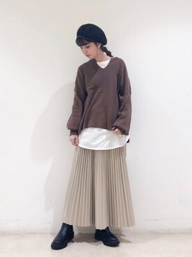 「レザースカート」｜「アイテム（ハンチング/ベレー帽）」を使った、なかのんさん（レディース・150cm）の秋コーディネート