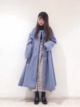 「ブルーコーデ」｜「アイテム（ノーカラーコート）」を使った、なかのんさん（レディース・150cm）の冬コーディネート