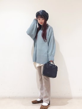 「リブニットパンツ」｜「アイテム（ハンチング/ベレー帽）」を使った、なかのんさん（レディース・150cm）の冬コーディネート