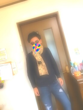 「GU（ジーユー）のアイテム（ニット/セーター、ブルー系）」を使った、じんさん（メンズ・171cm）の夏コーディネート