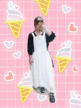 「Samansa Mos2（サマンサ モスモス）のオーバーレースエプロンワンピース（ワンピース）」を使った、少年spencerさん（レディース・160cm）の夏コーディネート