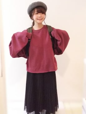 「袖ボリューム」｜「アイテム（ハンチング/ベレー帽）」を使った、パン粉さん（レディース・151cm）の春コーディネート