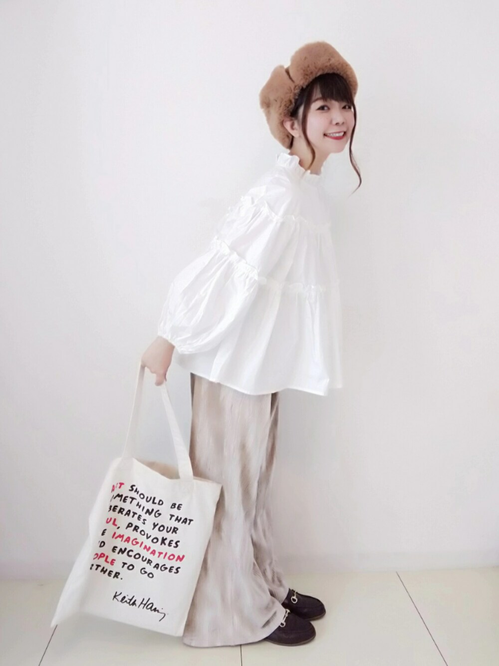 「秋のマイ旬スタイル、sakishimatokyo、サキシマamp、reca、recaコーデ、kipling、kiplinglivelight、休日スタイル、秋のカフェオレコーデ、ワントーンコーデ」｜「GLOBAL WORKの【抗菌防臭】フライトキャップ/808474（キャップ、ベージュ系）」を使った、パン粉さん（レディース・151cm）の秋コーディネートの1枚目の写真