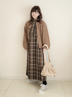 「ケーブルニット」｜「アイテム（福袋/福箱）」を使った、パン粉さん（レディース・151cm）の冬コーディネート