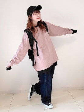 「ゆるカジ」｜「アイテム（帽子）」を使った、パン粉さん（レディース・151cm）の冬コーディネート
