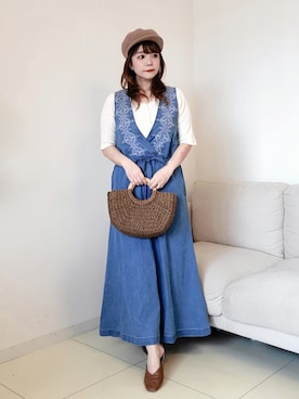 「刺繍」｜「アイテム（キャスケット）」を使った、パン粉さん（レディース・151cm）の春コーディネート