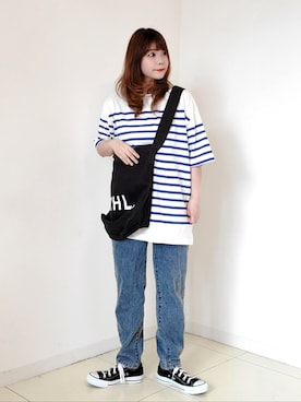 「ボーダーTシャツ」｜「アイテム（福袋/福箱）」を使った、パン粉さん（レディース・151cm）の夏コーディネート