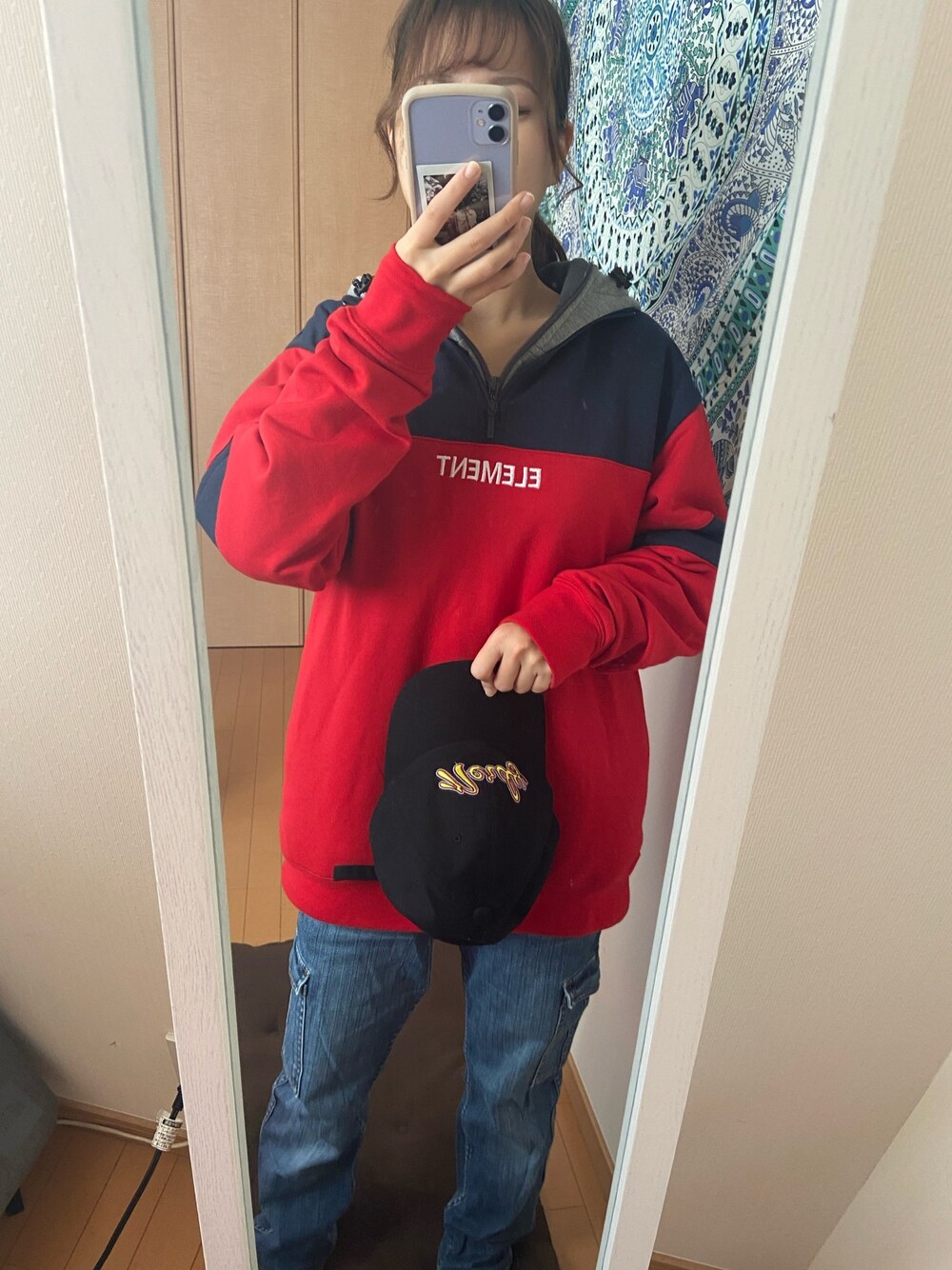 「NERDYのアイテム（キャップ、ブラック系）」を使った、heatitupさん（レディース・155cm）の冬コーディネートの1枚目の写真