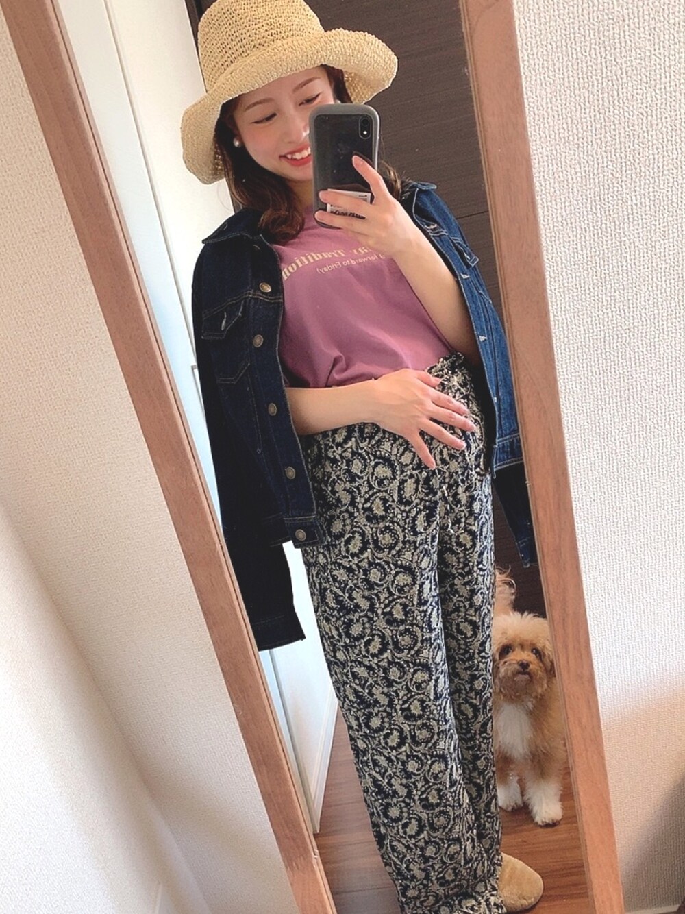 「シンプルコーデ、春夏コーデ、低身長、プチプラコーデ、今日のコーデ、Tシャツ、ママファッション、マタニティ、GU、むぎわら帽子」｜「GUのアイテム（パンツ、ブルー系）」を使った、Misakiさん（レディース・153cm）の春コーディネートの1枚目の写真