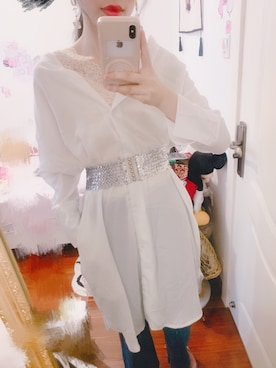 「mystic（ミスティック）のアイテム（シャツワンピース、ホワイト系）」を使った、momokoさん（レディース・164cm）の春コーディネート