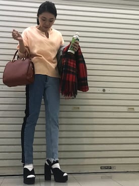 「ワッフルクルーネックＴ」｜「アイテム（MA-1）」を使った、おはぎ❇︎さんさん（レディース・154cm）の春コーディネート