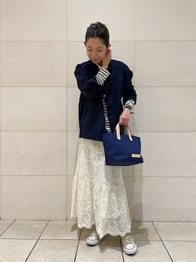 「レーススカート」｜「アイテム（ノーカラージャケット）」を使った、橋本さん（レディース・162cm）の冬コーディネート