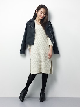 「ロングニットワンピ」｜三上玲奈さん（レディース・165cm）の冬コーディネート