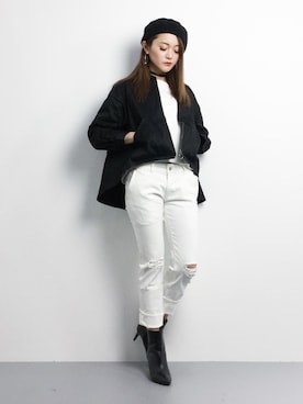 「ブラック×ホワイト」｜「アイテム（ノーカラージャケット）」を使った、三上玲奈さん（レディース・165cm）の冬コーディネート