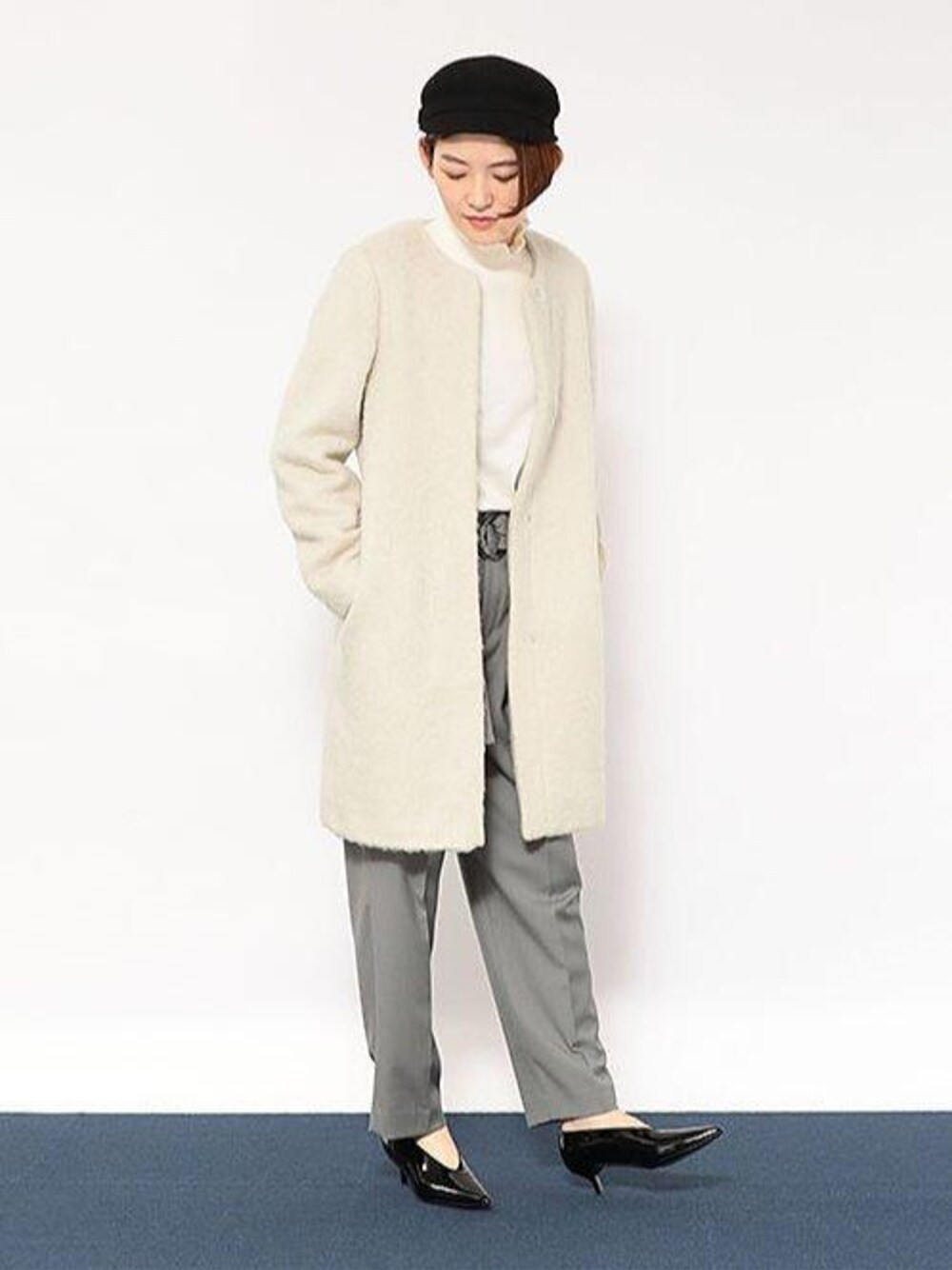 「casual」｜「green label relaxingの◆CR ニットシャギー ノーカラーコート（その他アウター、ベージュ系）」を使った、高瀬　亜紀さん（レディース・161cm）の冬コーディネートの1枚目の写真