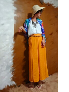 「柄物」｜「アイテム（帽子）」を使った、まぁこ@キッズに移行さん（レディース・162cm）の夏コーディネート