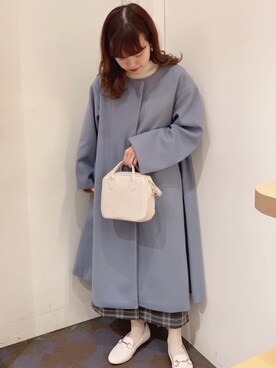 「サックスブルー」｜「アイテム（ノーカラーコート）」を使った、chiakiさん（レディース・154cm）の冬コーディネート