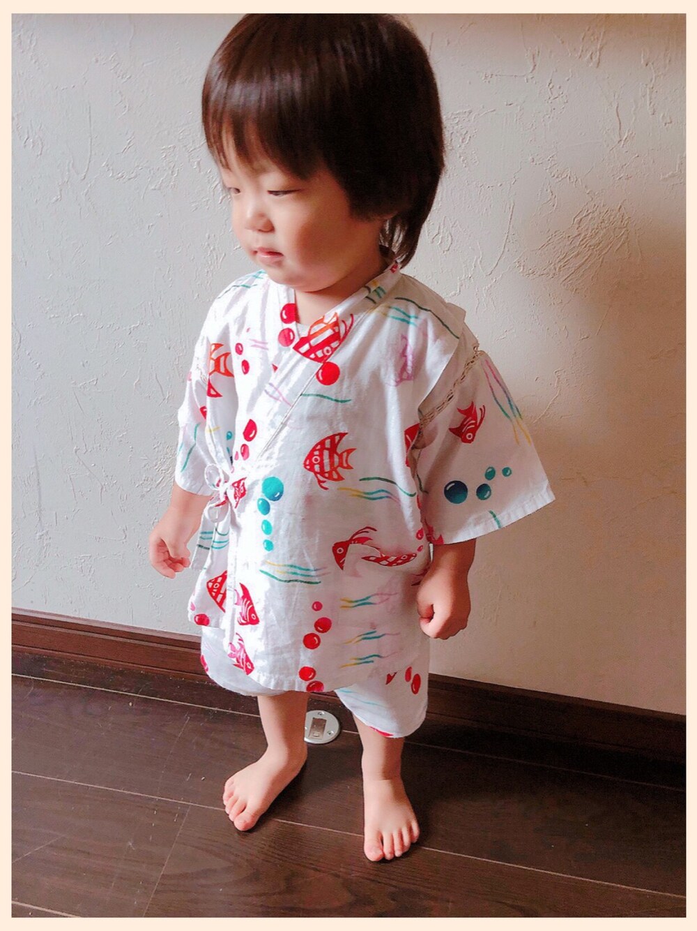 「キッズコーデ、甚平、浴衣男子、ベビーコーデ、一歳、夏コーデ」｜「西松屋のアイテム（浴衣、ホワイト系）」を使った、haruwedさん（キッズ・74cm）の夏コーディネートの1枚目の写真