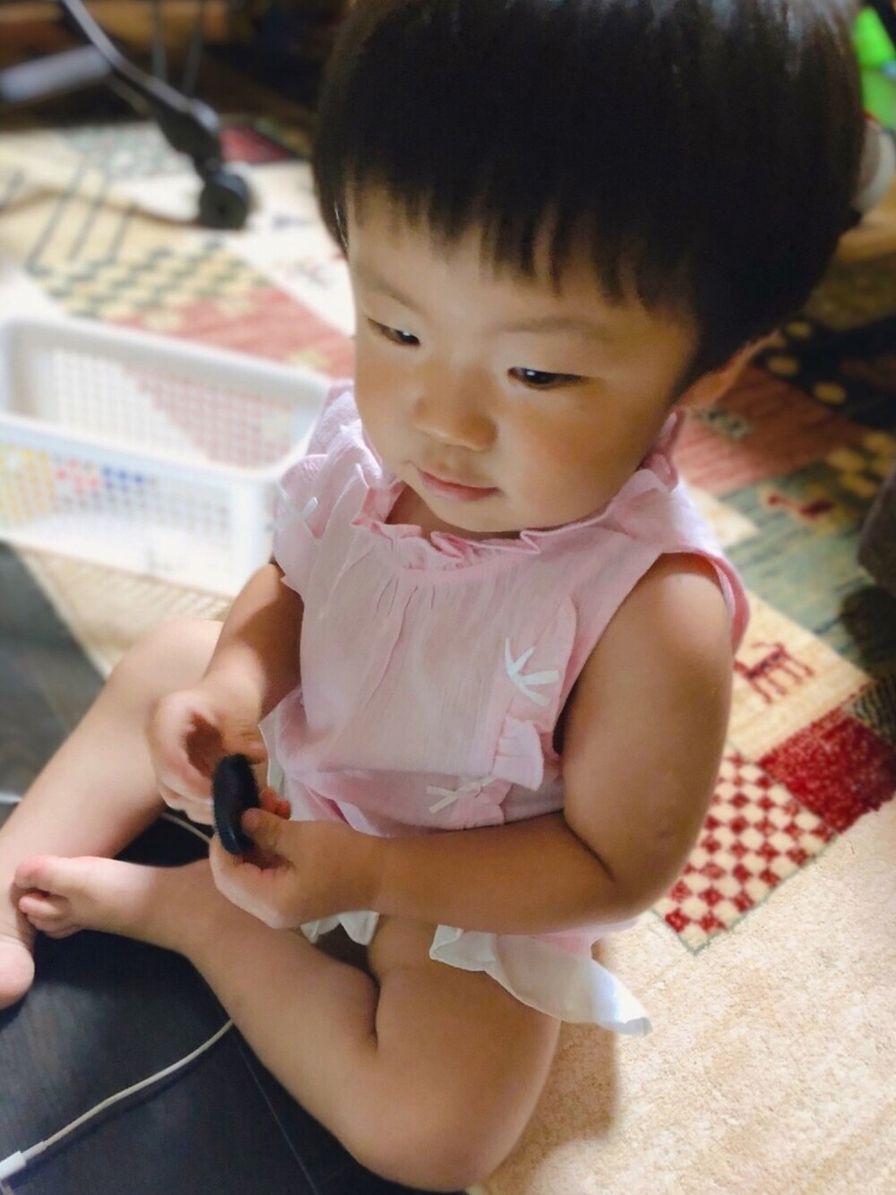 「男の子、一歳、1歳、モザイク濃いめ、女装男子、ピンク、セットアップ、似合わない、2度としない、ゴメンね」｜「女装男子のアイテム（トップス、ピンク系）」を使った、haruwedさん（キッズ・90cm）の夏コーディネートの1枚目の写真
