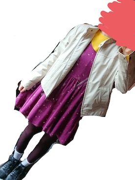 「古着のアイテム（ライダースジャケット、ベージュ系）」を使った、えりちゃんさん（レディース）の秋コーディネート