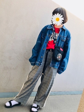 「グレンチェック」｜「アイテム（デニムジャケット）」を使った、ゆずこしょーぅ。さん（レディース・161cm）の春コーディネート