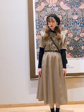 「レトロワンピース」｜「アイテム（ハンチング/ベレー帽）」を使った、hisayoさん（レディース・160cm）の秋コーディネート