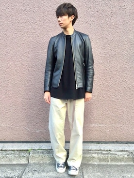 「ワッフル」｜「アイテム（ライダースジャケット）」を使った、Ryoさん（メンズ・173cm）の冬コーディネート