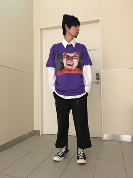 「WHITELAND（ホワイトランド）のWHITELAND/ホワイトランド/A CLOCKWORK ORANGE Tシャツ/時計仕掛けのオレンジ Tシャツ（Tシャツ/カットソー）」を使った、KAWAKITA SHOICHIさん（メンズ・175cm）の春コーディネート