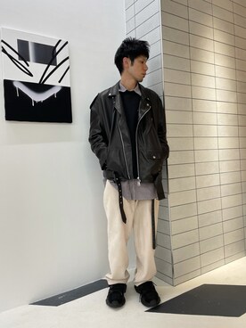 「whiteland」｜「アイテム（ライダースジャケット）」を使った、KAWAKITA SHOICHIさん（メンズ・175cm）の秋コーディネート