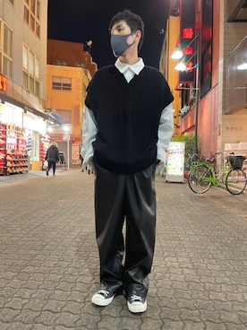 「DANKE SCHON（ダンケシェーン）のDankeSchon/ダンケシェーン/ケーブルニットベスト（ベスト）」を使った、KAWAKITA SHOICHIさん（メンズ・175cm）の冬コーディネート