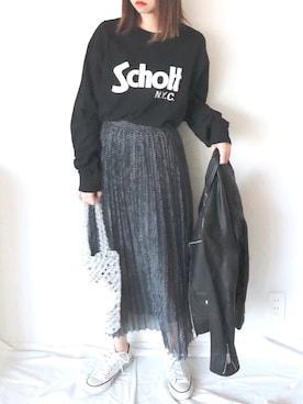 「ドットスカート」｜「アイテム（ライダースジャケット）」を使った、uyuさん（レディース・161cm）の春コーディネート