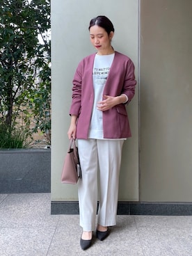 「春めきシューズ」｜「アイテム（ノーカラージャケット）」を使った、asakoさん（レディース・153cm）の春コーディネート