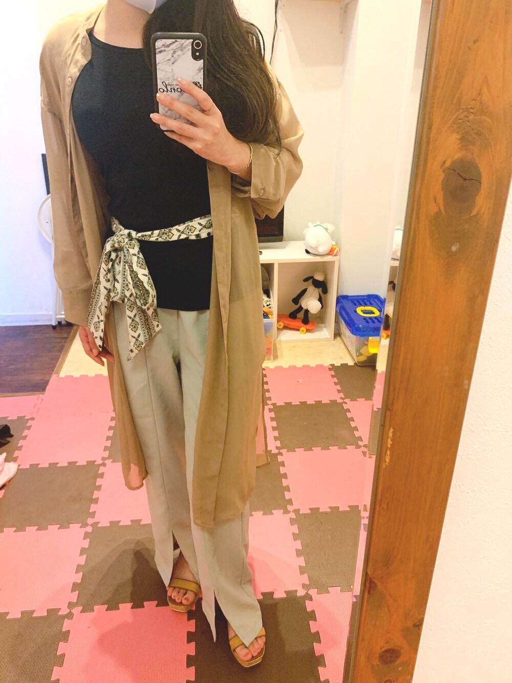 「しまむら、しまむらコーデ、ピスタチオグリーン、ピスタチオカラー、シアーシャツ、プチプラコーデ、しまむらサンダル、全身しまむら」｜「しまむらのアイテム（シャツ/ブラウス、ベージュ系）」を使った、yunacheさん（レディース・158cm）の夏コーディネートの1枚目の写真