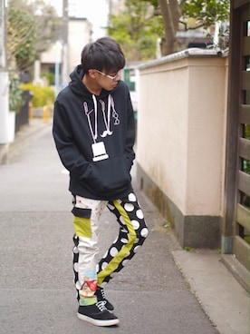 「NIRAME.CO（ニラメッコ）のアイテム（パンツ）」を使った、あんずさん（メンズ・157cm）の冬コーディネート