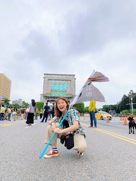 「VINTAGE（ヴィンテージ）のアイテム（シャツ/ブラウス、グリーン系）」を使った、Chiuko さん（レディース・161cm）の冬コーディネート