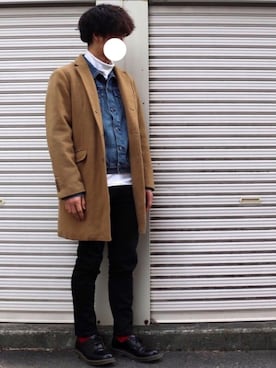「キャメル」｜「アイテム（デニムジャケット）」を使った、せっきーさん（メンズ・174cm）の冬コーディネート
