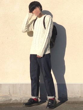 「MONO-MART（モノマート）のオーバーサイズアラン編みクルーネックケーブルニットセーター（ニット/セーター）」を使った、せっきーさん（メンズ・174cm）の秋コーディネート