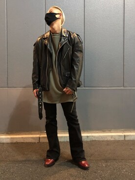 「原宿」｜「アイテム（ライダースジャケット）」を使った、natsushiさん（メンズ・175cm）の冬コーディネート