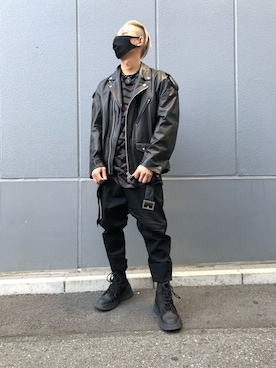 「原宿」｜「アイテム（ライダースジャケット）」を使った、natsushiさん（メンズ・175cm）の冬コーディネート