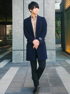 「tk.TAKEO KIKUCHI（ティーケータケオキクチ）のアイテム（チェスターコート）」を使った、りぃくんさん（メンズ・173cm）の冬コーディネート