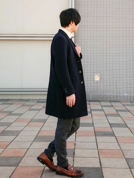 「tk.TAKEO KIKUCHI（ティーケータケオキクチ）のアイテム（チェスターコート）」を使った、りぃくんさん（メンズ・174cm）の冬コーディネート