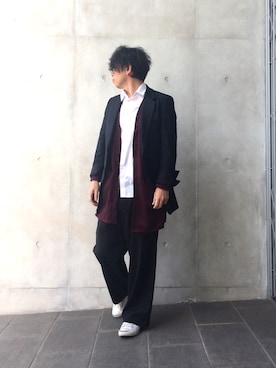「HANDMADE_HIFUMIのアイテム（トップス、レッド系）」を使った、hisaさん（メンズ・171cm）の春コーディネート