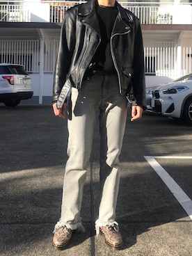 「パイソン柄」｜「アイテム（ライダースジャケット）」を使った、後藤早貴さん（レディース・157cm）の春コーディネート