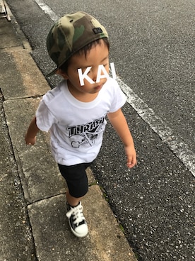 「NEW ERA（ニューエラ）の5950 KIDS NEYYAN WCAMO BLK（キャップ、その他）」を使った、Kai☺︎Reiさん（キッズ・100cm）の秋コーディネート