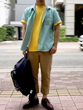 「アイテム（ドレスシューズ、ブラウン系）」を使った、Sandy Comesさん（メンズ・173cm）の夏コーディネート
