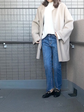 「select MOCA（セレクトモカ）の柔らかく履きやすいフェイクレザーゴールドビット付きローファー（ローファー）」を使った、MEGUMIさん（レディース・159cm）の冬コーディネート