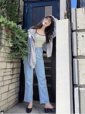「justone（ジャストワン）のベーシックワイドジーンズ（デニムパンツ、ブルー系）」を使った、justoneさんの夏コーディネート