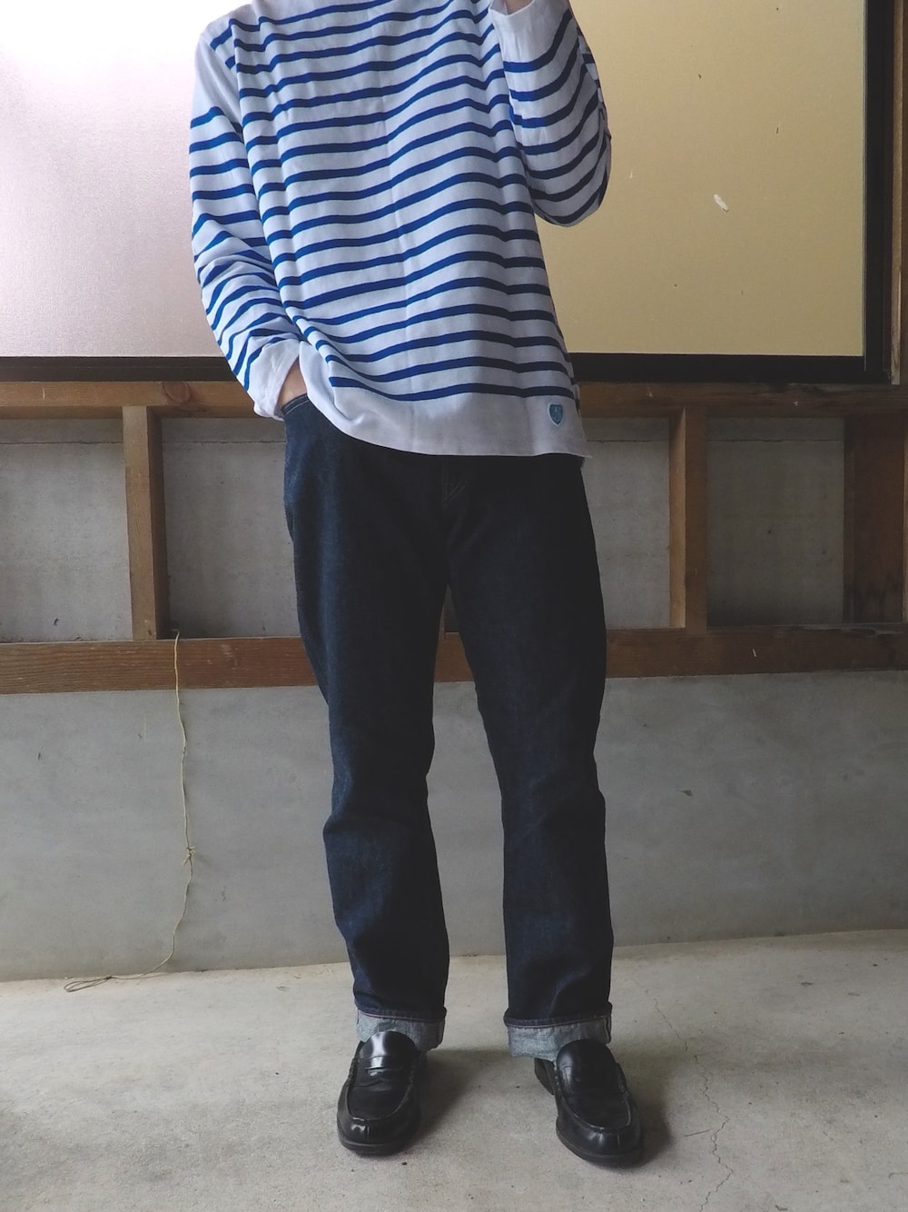 「これが私をアゲる服、ORCIVAL、orslow、デニム、HARUTA、フレンチ」｜「orSlowの【orSlow】STANDARD DENIM 105 ONEWASH / MEN（デニムパンツ、ブルー系）」を使った、はなださん（メンズ・172cm）の春コーディネートの1枚目の写真