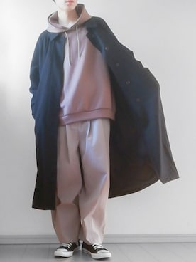 「remer（リメール）のアイテム（ステンカラーコート）」を使った、けいさん（メンズ・177cm）の冬コーディネート